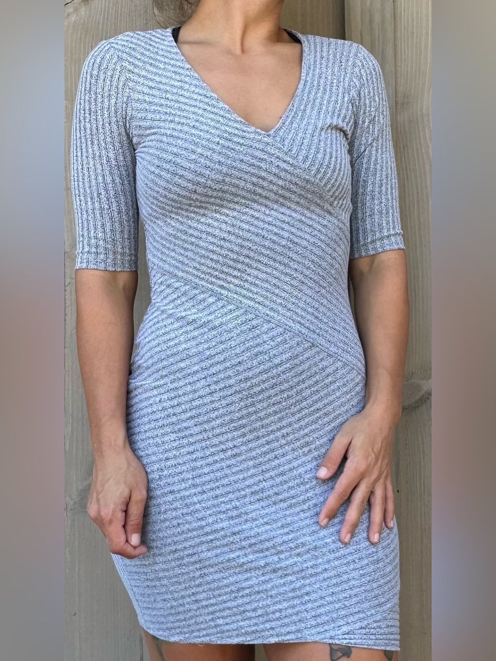 Candie's Light Gray Ribbed V-Neck Midi Dress